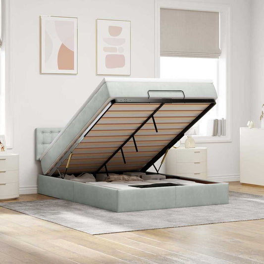 Lit ottoman avec matelas gris clair 140x200 cm velours