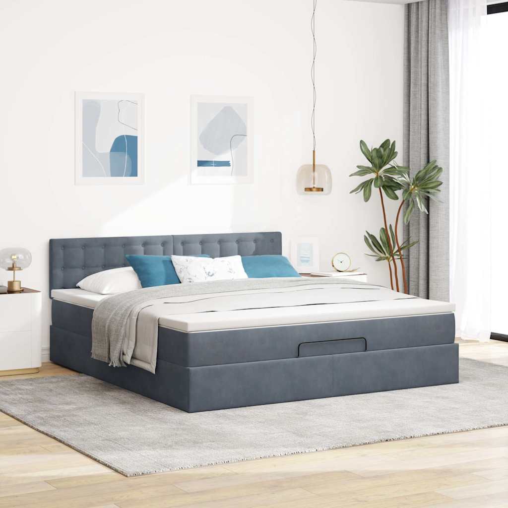 Lit ottoman avec matelas en velours gris foncé 180x200 cm