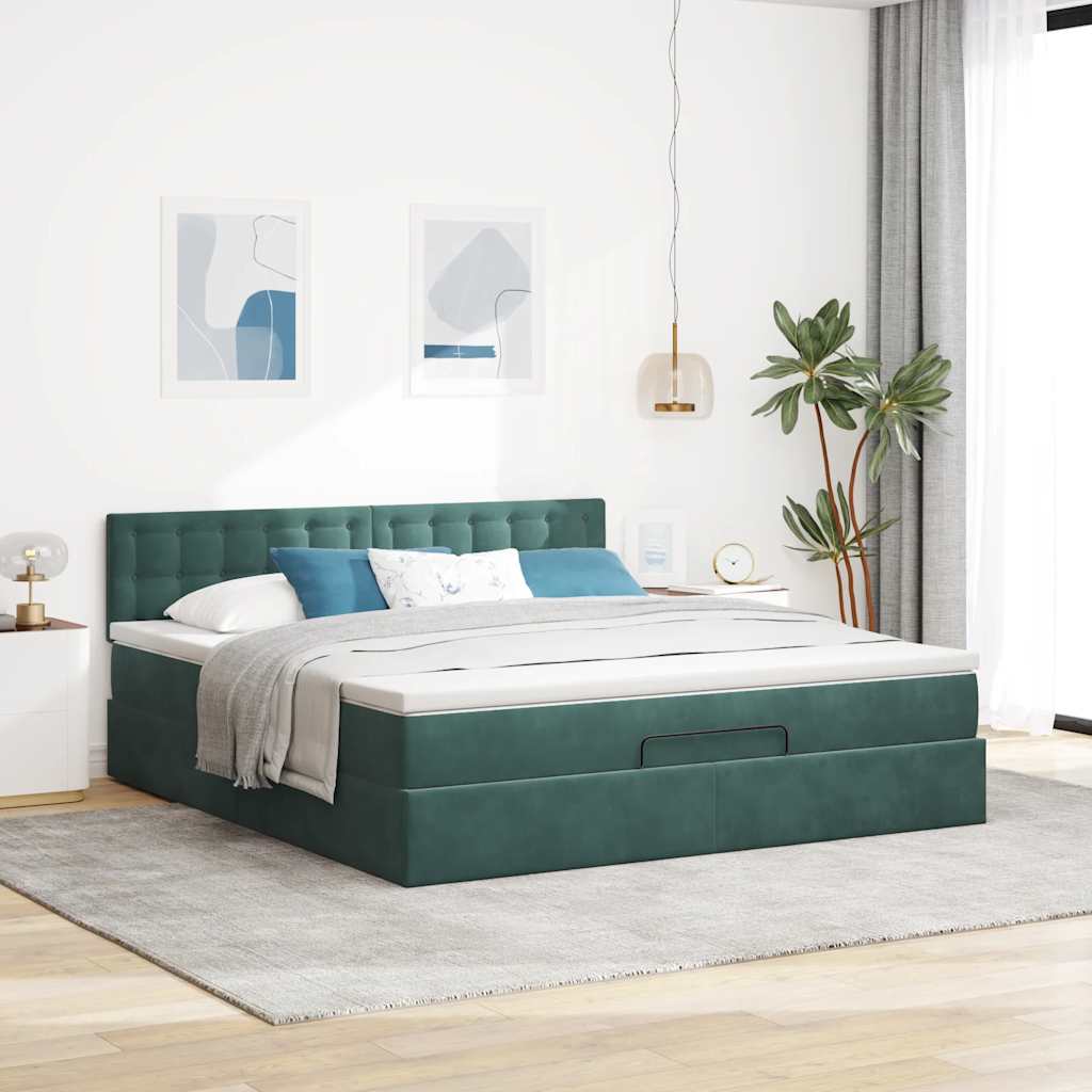 Lit ottoman avec matelas en velours vert foncé 180x200 cm