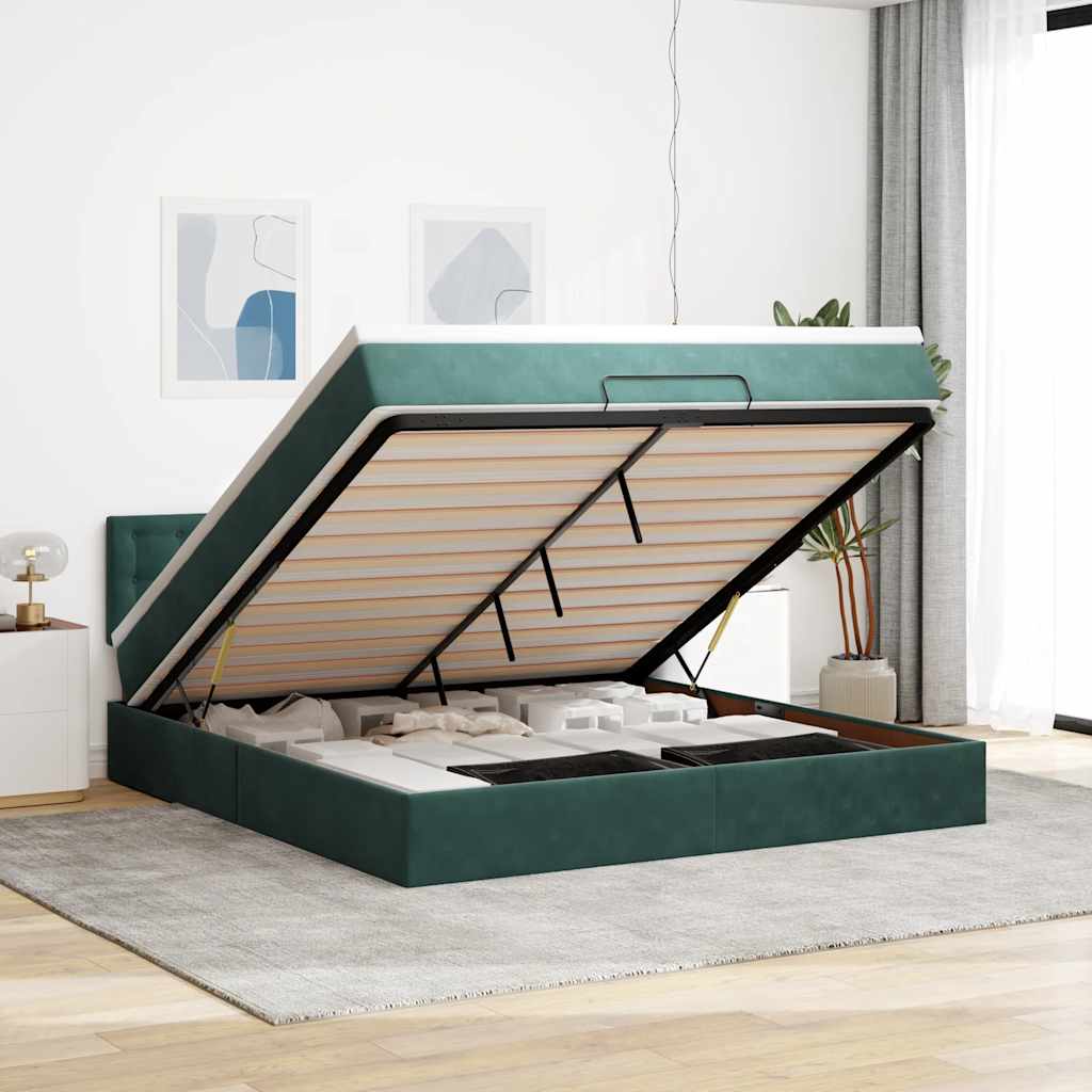Lit ottoman avec matelas en velours vert foncé 180x200 cm