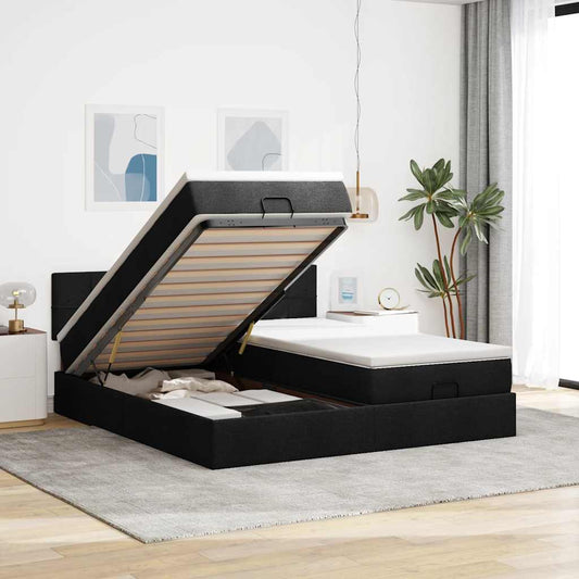 Lit ottoman avec matelas en tissu noir 180x200 cm