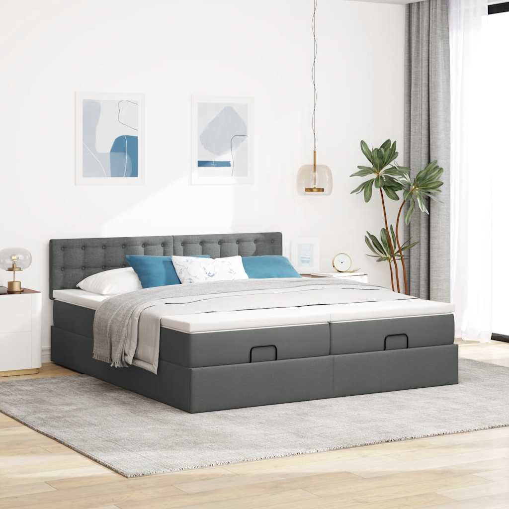Lit ottoman avec matelas en tissu gris foncé 200x200 cm