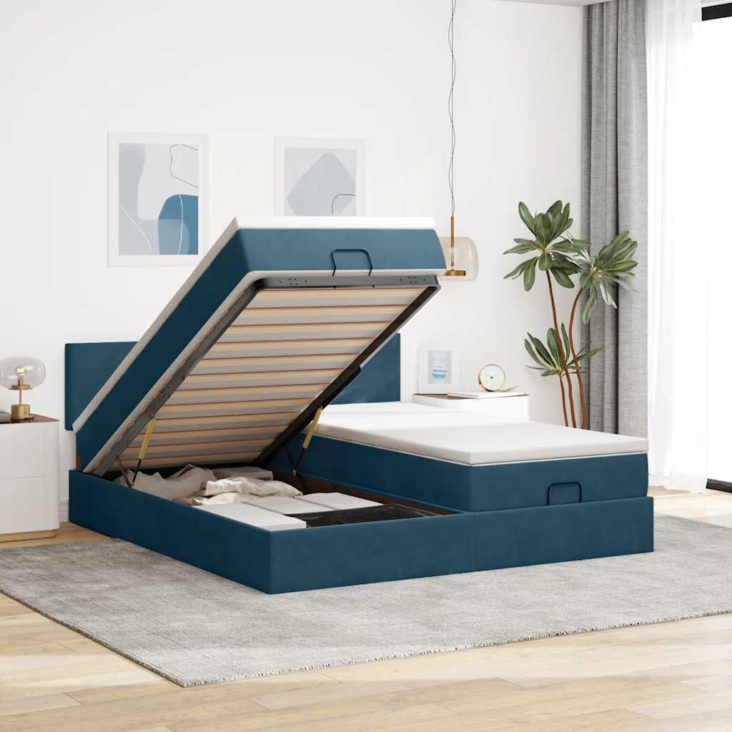 Ottoman-Bett mit Matratzen Dunkelblau 180x200 cm Samt