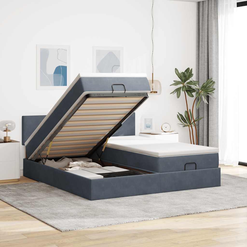 Lit ottoman avec matelas en velours gris foncé 200x200 cm