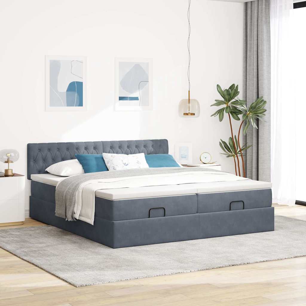Lit ottoman avec matelas en velours gris foncé 200x200 cm