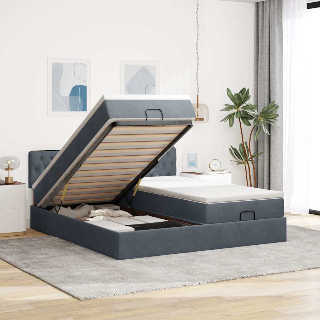 Lit ottoman avec matelas en velours gris foncé 200x200 cm