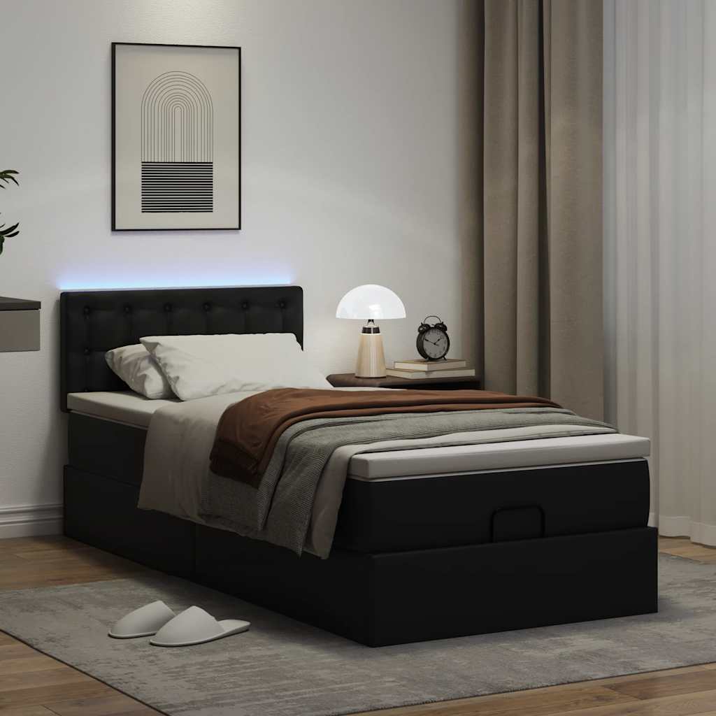 Ottoman-Bett mit Matratzen & LEDs Schwarz 90x190 cm Kunstleder