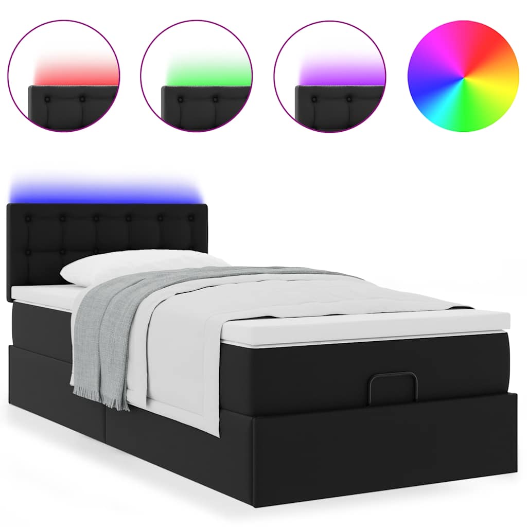 Ottoman-Bett mit Matratzen & LEDs Schwarz 90x190 cm Kunstleder