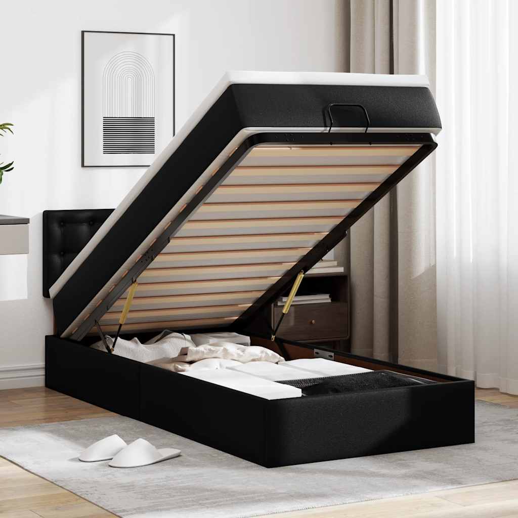 Ottoman-Bett mit Matratzen & LEDs Schwarz 90x190 cm Kunstleder