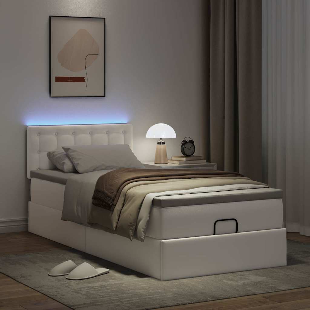 Ottoman-Bett mit Matratzen & LEDs Reinweiß 90x190 cm Kunstleder