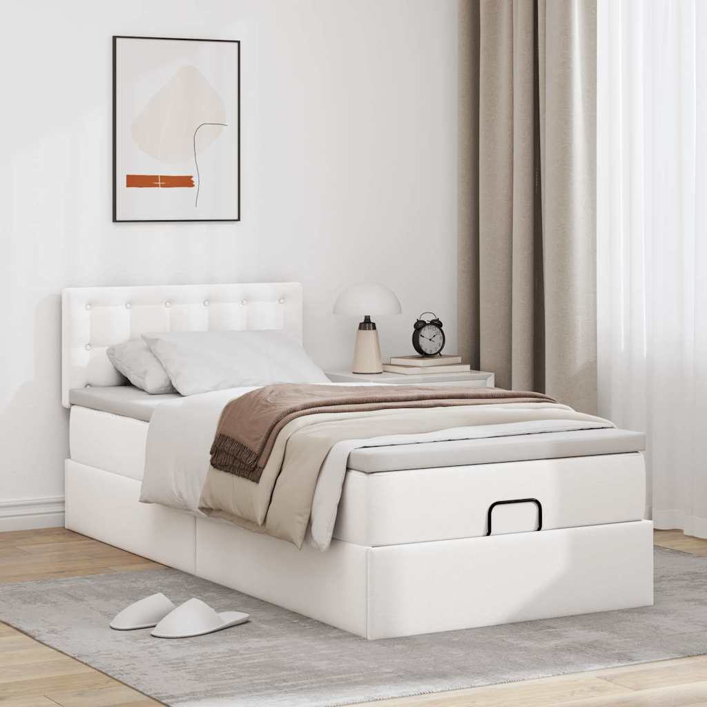 Ottoman-Bett mit Matratzen & LEDs Reinweiß 90x190 cm Kunstleder