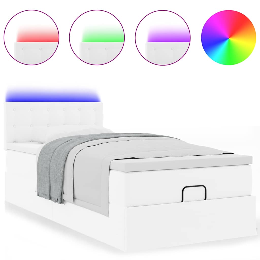 Ottoman-Bett mit Matratzen & LEDs Reinweiß 90x190 cm Kunstleder