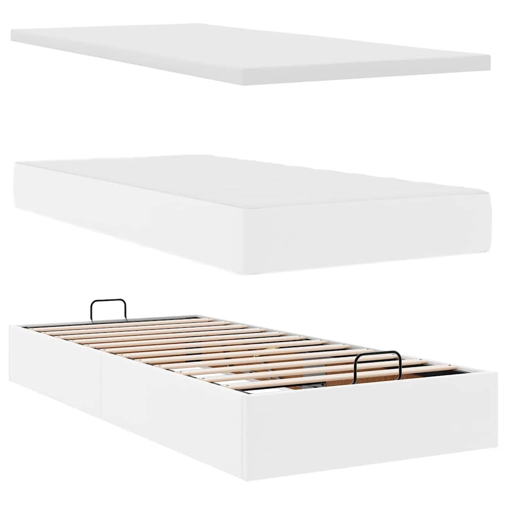 Ottoman-Bett mit Matratzen & LEDs Reinweiß 90x200 cm Kunstleder