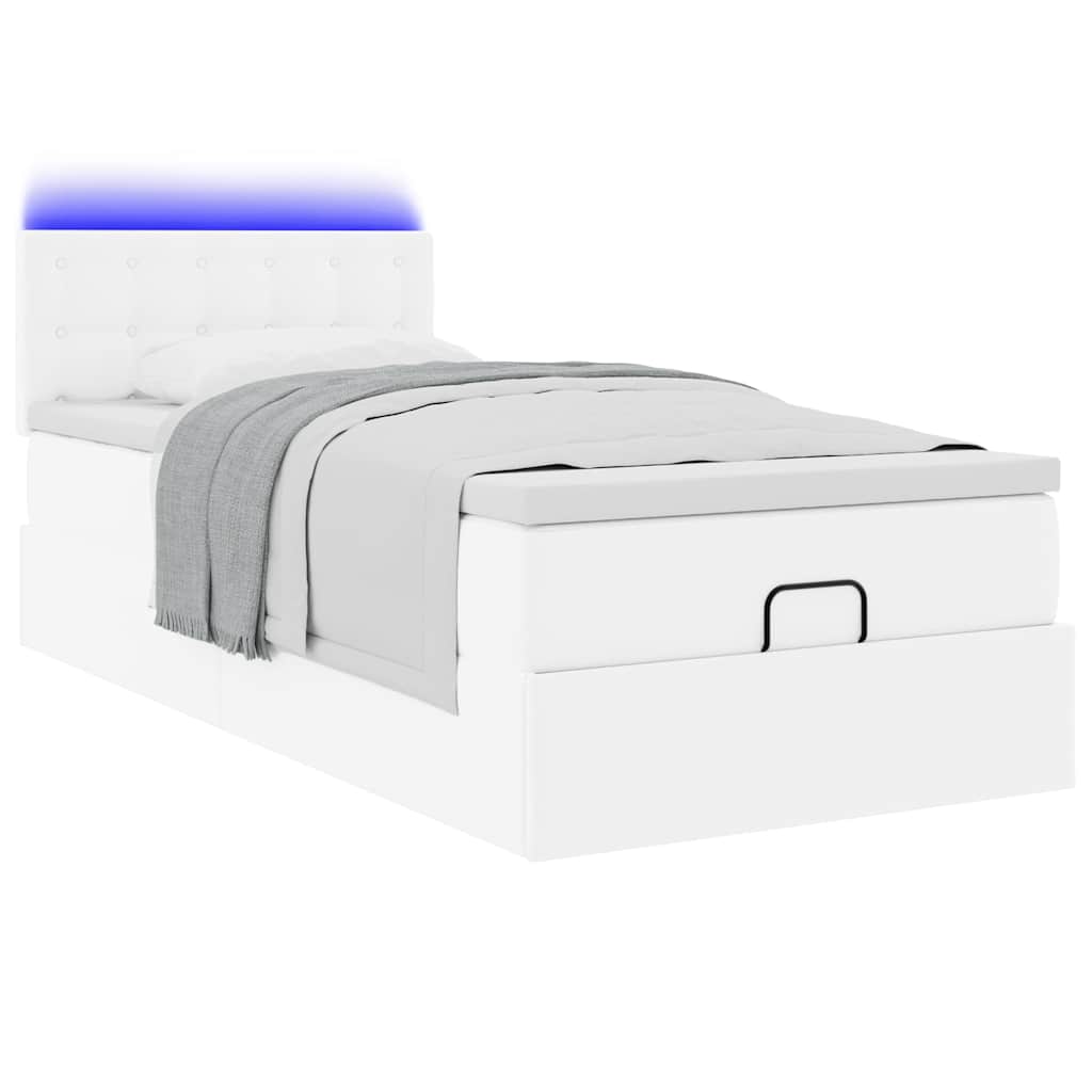 Ottoman-Bett mit Matratzen & LEDs Reinweiß 90x200 cm Kunstleder