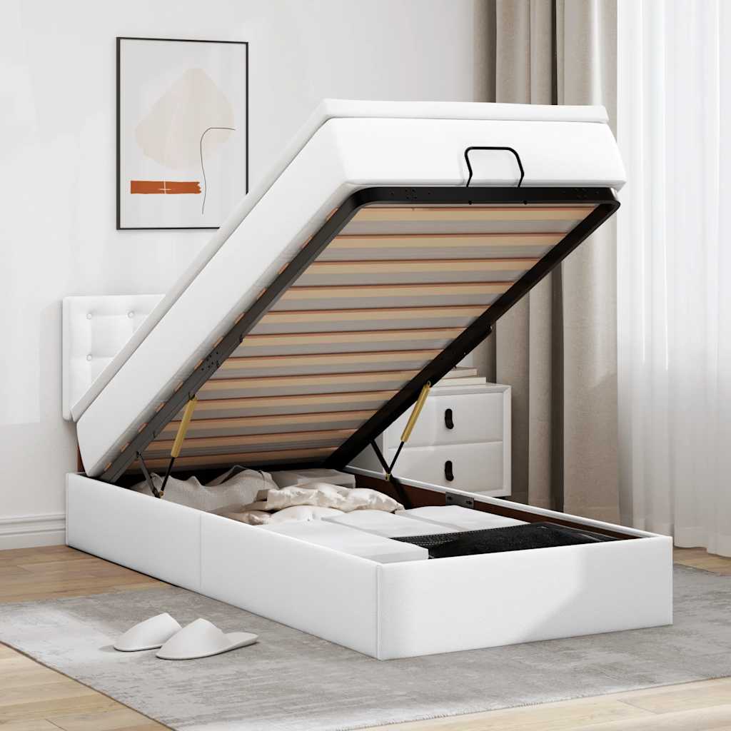 Ottoman-Bett mit Matratzen & LEDs Reinweiß 90x200 cm Kunstleder