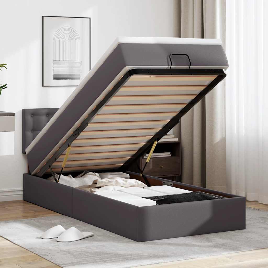 Ottoman-Bett mit Matratzen & LEDs Grau 90x200 cm Kunstleder