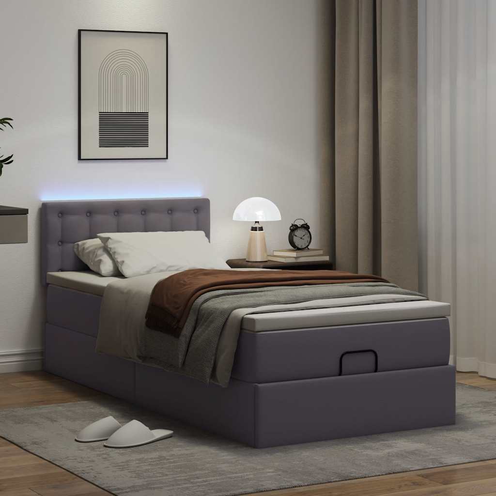 Ottoman-Bett mit Matratzen & LEDs Grau 90x200 cm Kunstleder
