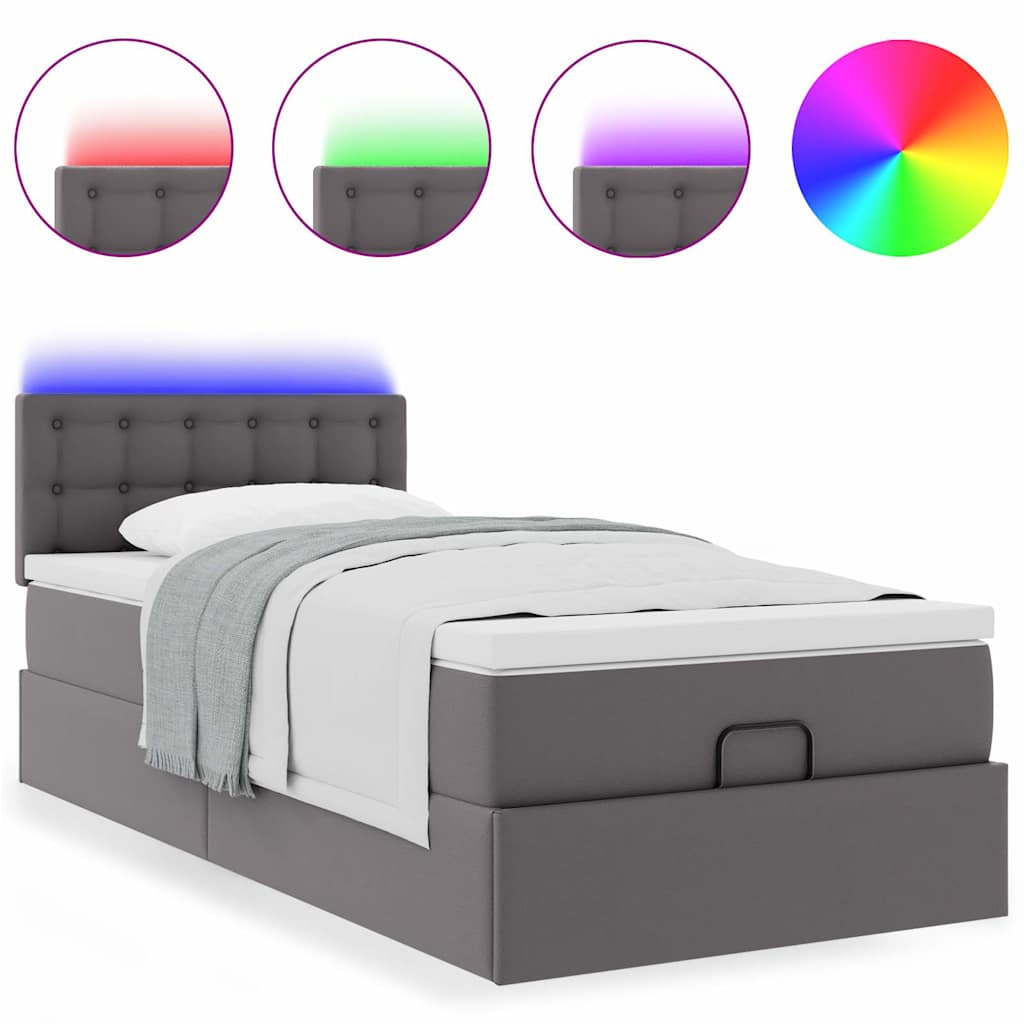 Ottoman-Bett mit Matratzen & LEDs Grau 90x200 cm Kunstleder