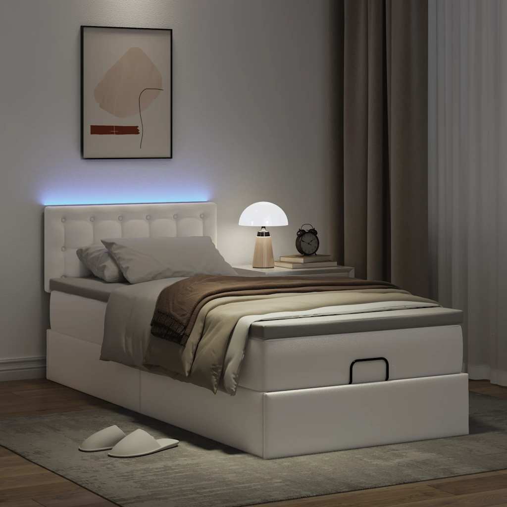 Ottoman-Bett mit Matratzen & LEDs Reinweiß 100x200cm Kunstleder