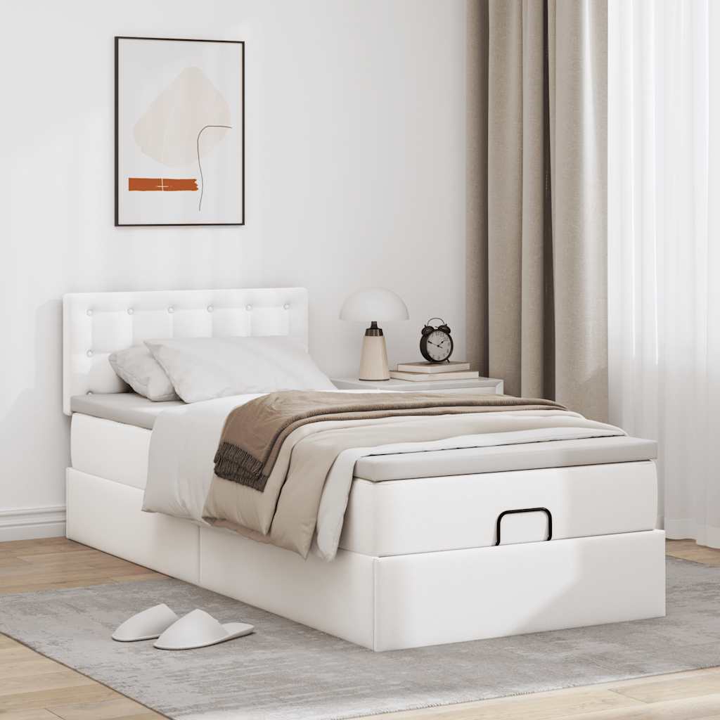 Ottoman-Bett mit Matratzen & LEDs Reinweiß 100x200cm Kunstleder