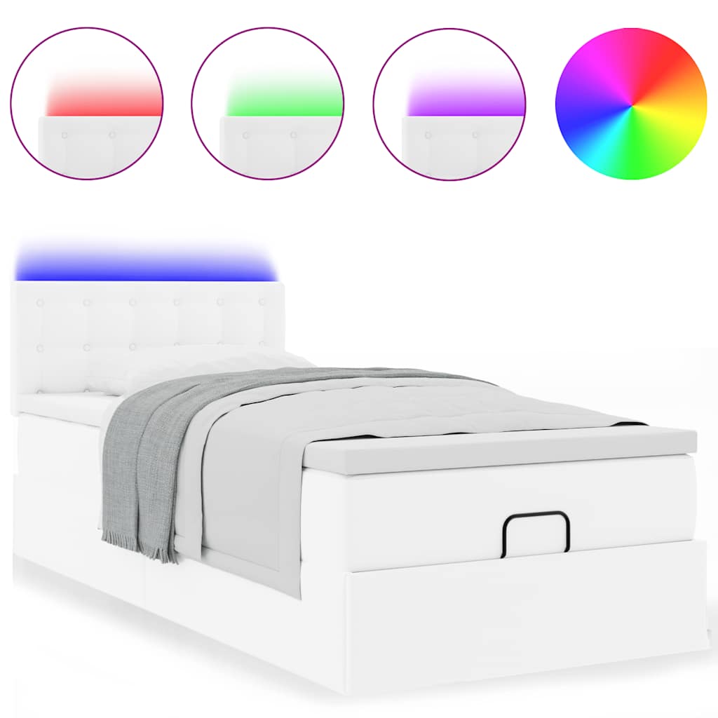 Ottoman-Bett mit Matratzen & LEDs Reinweiß 100x200cm Kunstleder