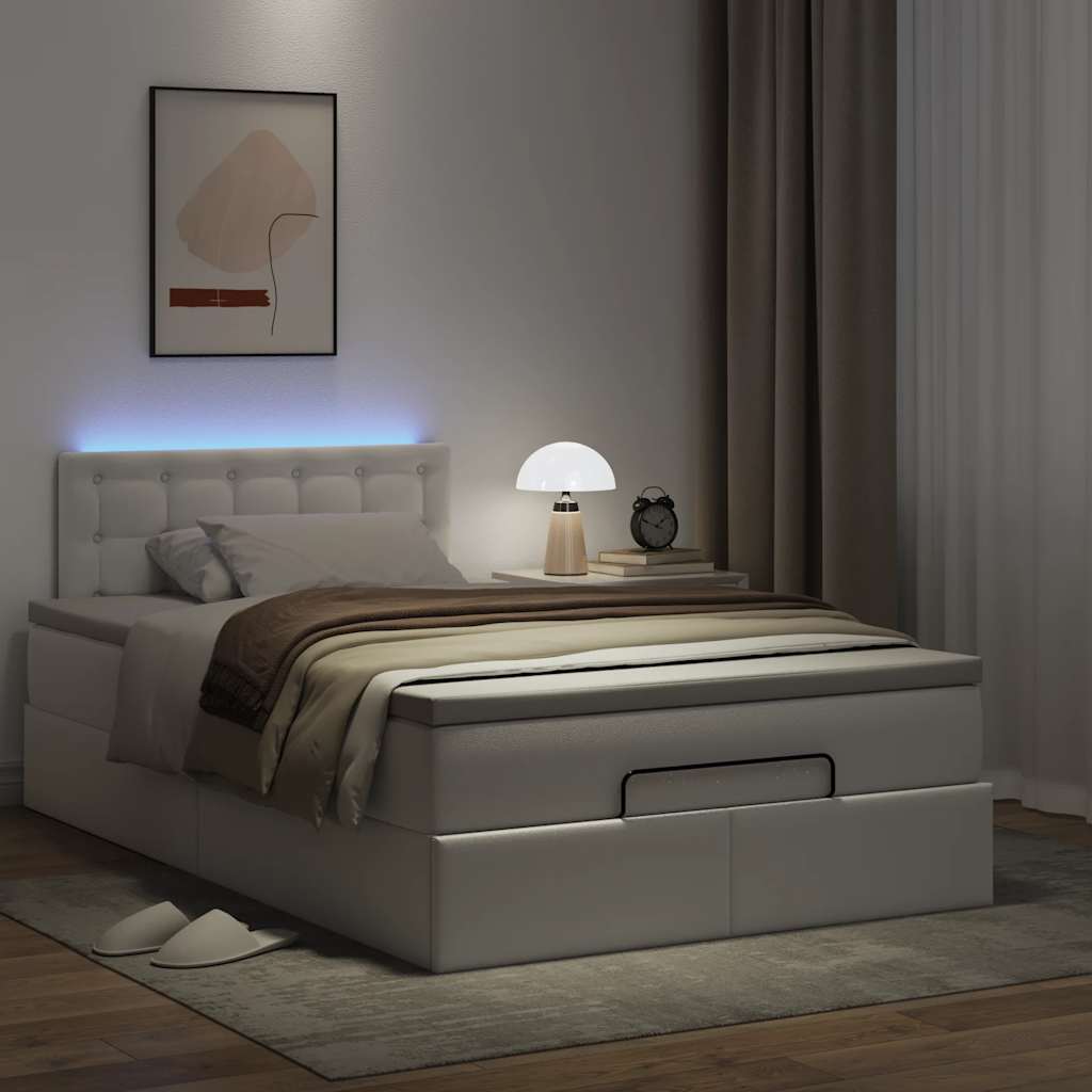 Ottoman-Bett mit Matratzen & LEDs Reinweiß 120x200cm Kunstleder