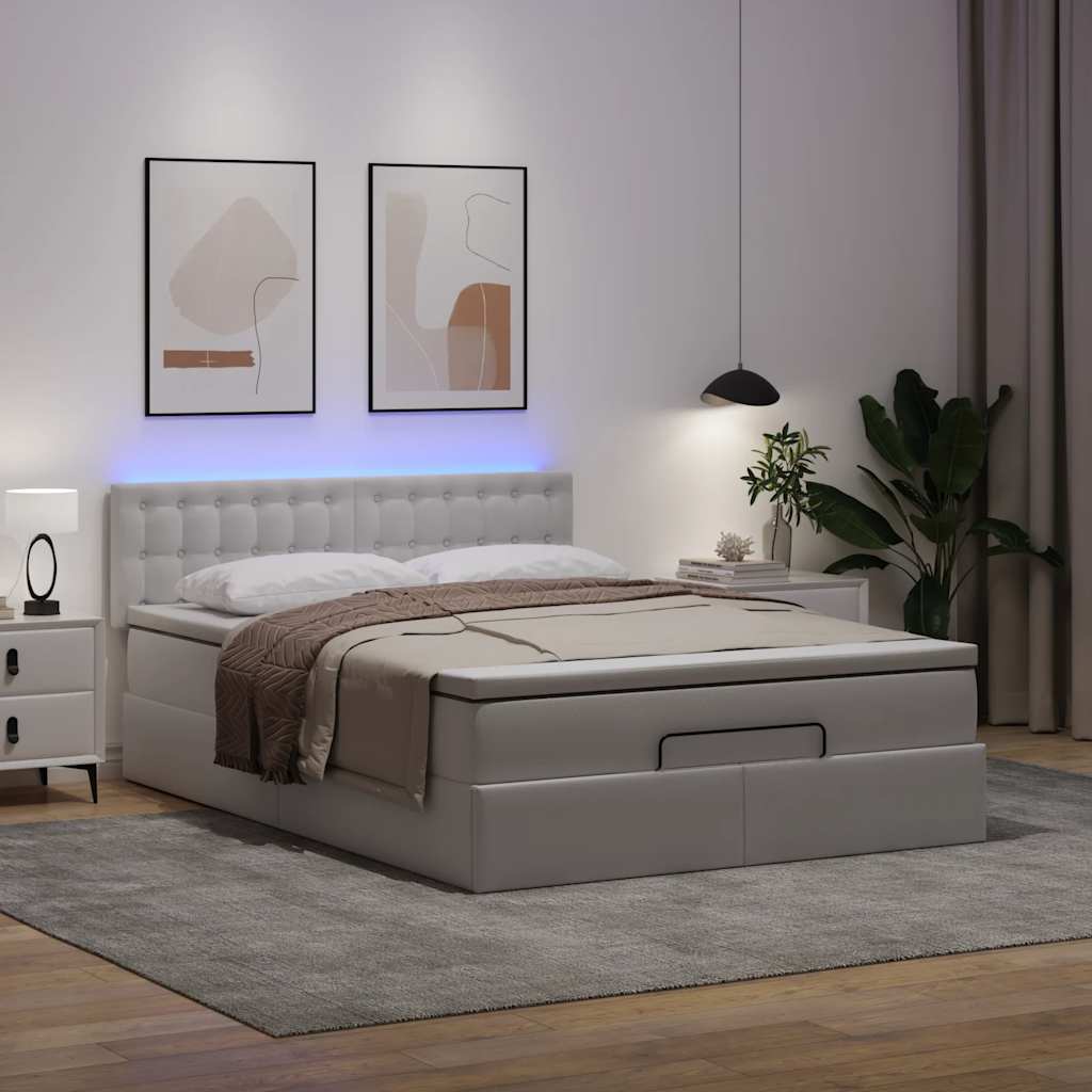Ottoman-Bett mit Matratzen & LEDs Reinweiß 140x190cm Kunstleder
