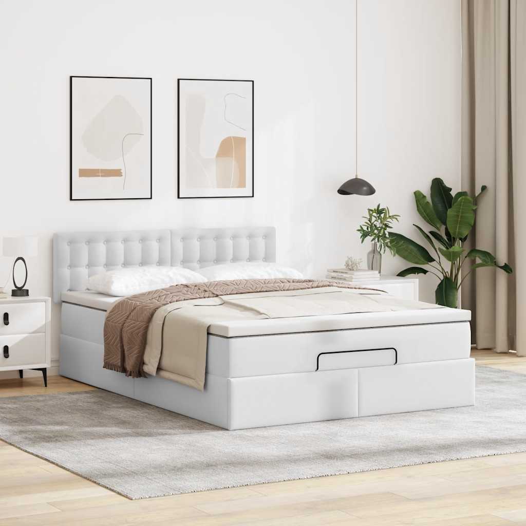 Ottoman-Bett mit Matratzen & LEDs Reinweiß 140x190cm Kunstleder