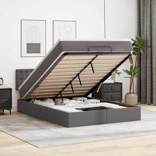 Ottoman-Bett mit Matratzen & LEDs Grau 140x190 cm Kunstleder