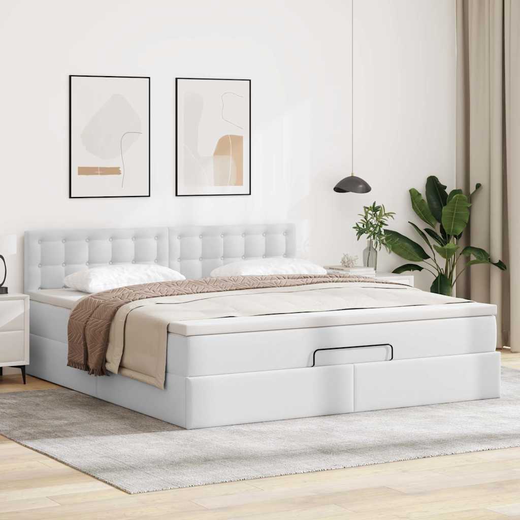 Ottoman-Bett mit Matratzen & LEDs Reinweiß 160x200cm Kunstleder