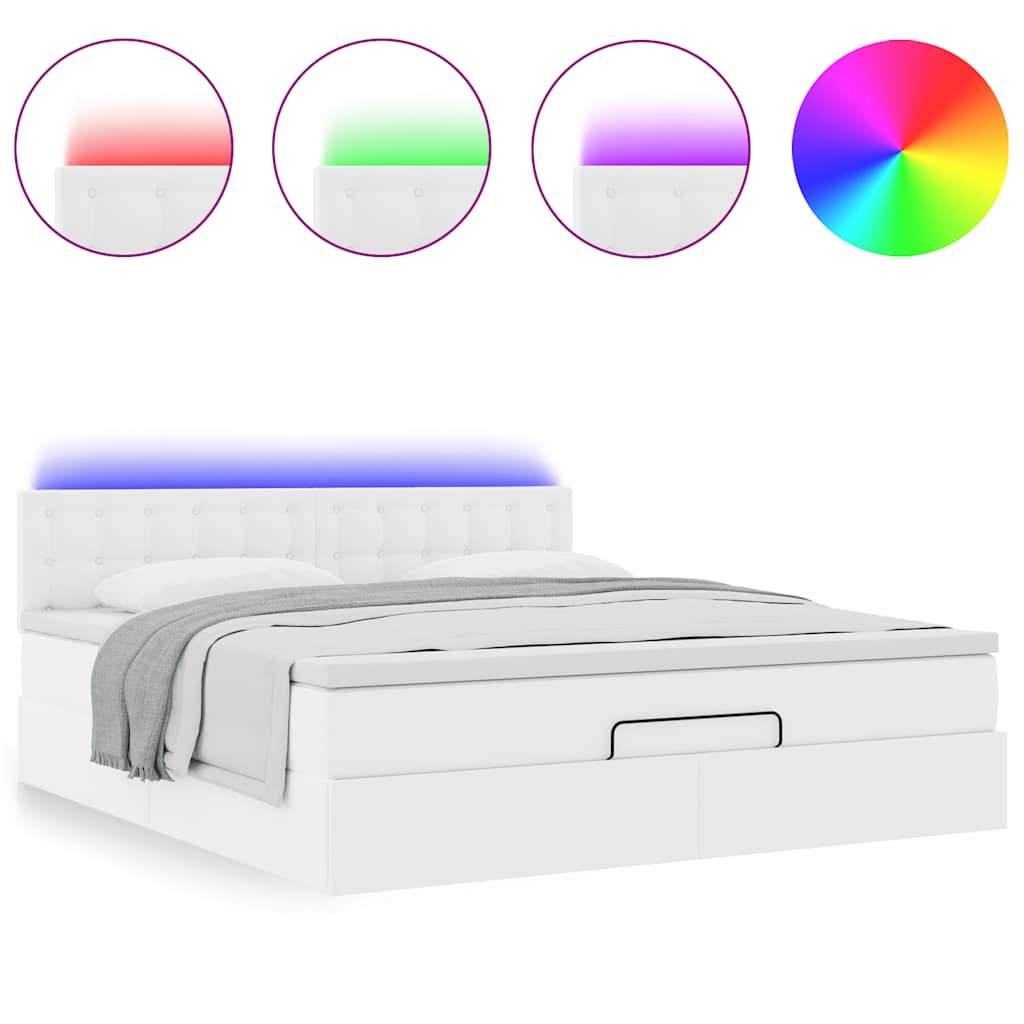 Ottoman-Bett mit Matratzen & LEDs Reinweiß 160x200cm Kunstleder