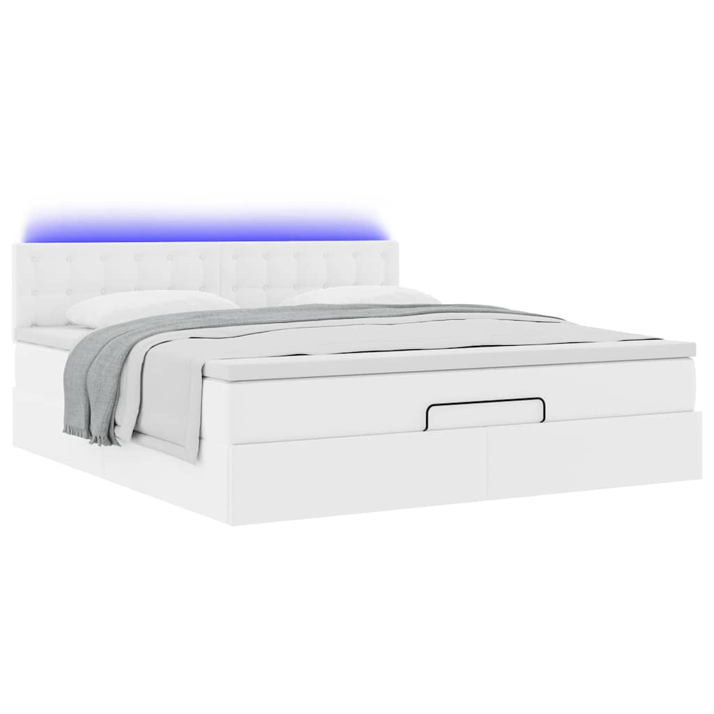 Ottoman-Bett mit Matratzen & LEDs Reinweiß 160x200cm Kunstleder