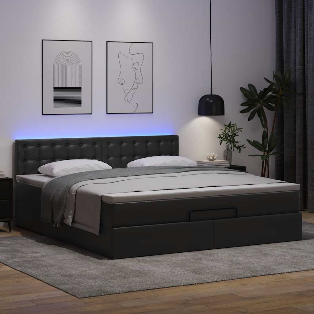 Ottoman-Bett mit Matratzen & LEDs Schwarz 180x200 cm Kunstleder