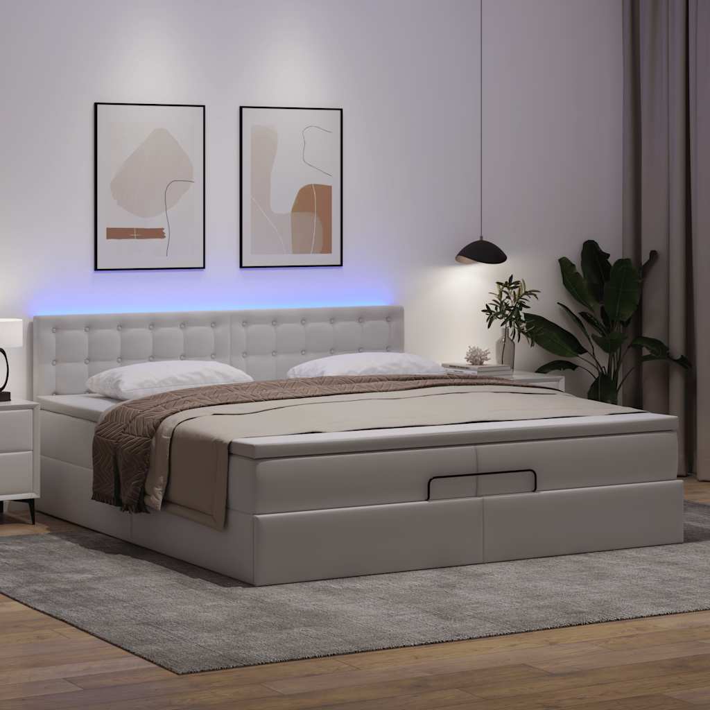 Ottoman-Bett mit Matratzen & LEDs Reinweiß 200x200cm Kunstleder