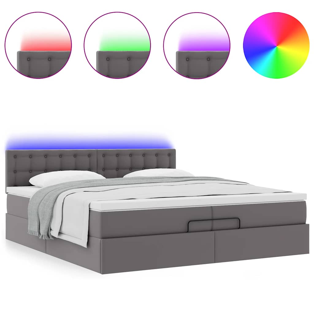 Ottoman-Bett mit Matratzen & LEDs Grau 200x200 cm Kunstleder