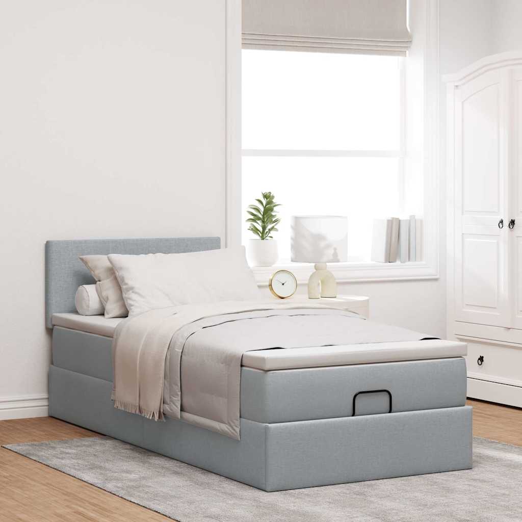 Ottoman-Bett mit Matratze & LEDs Hellgrau 90x190 cm Stoff