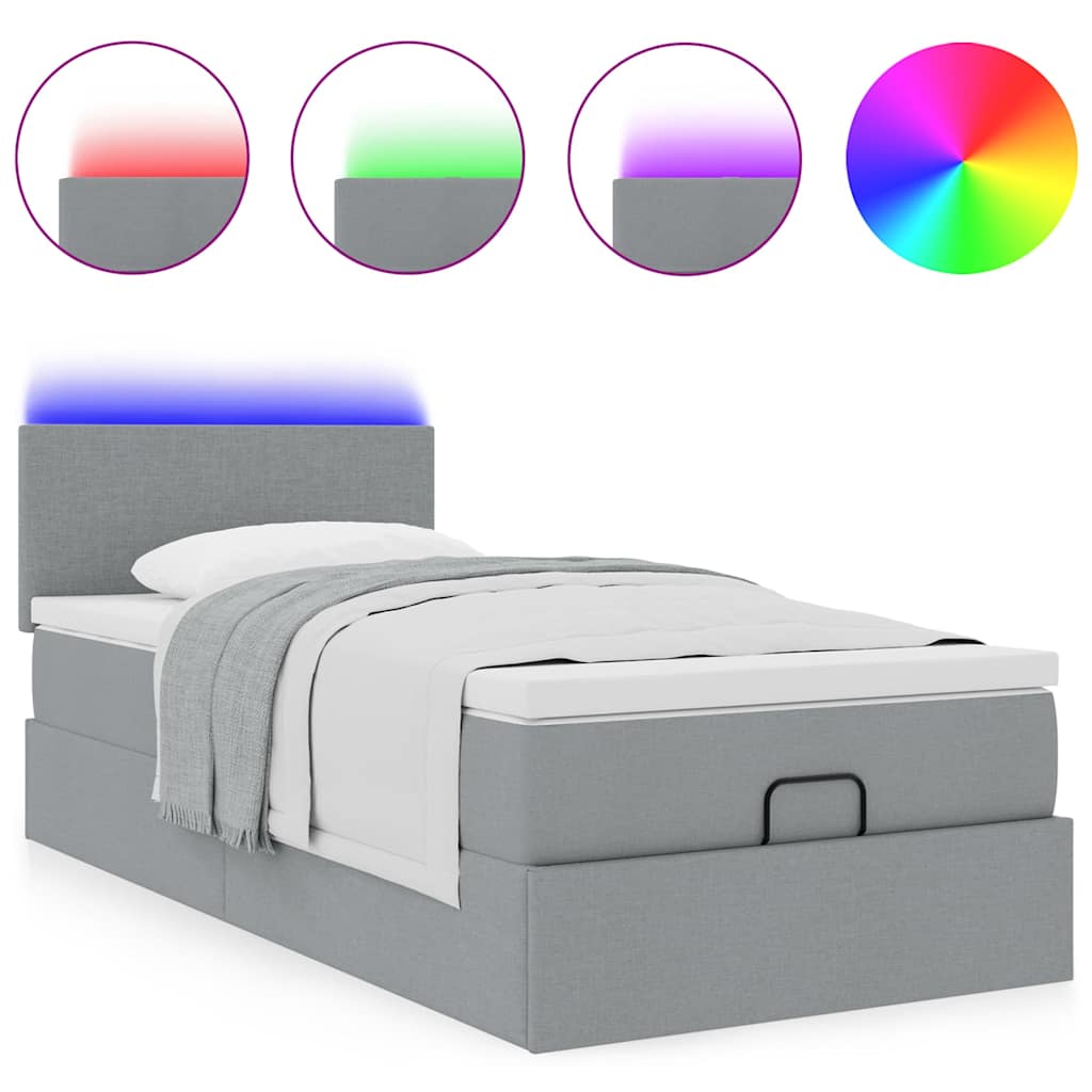 Ottoman-Bett mit Matratze & LEDs Hellgrau 90x190 cm Stoff