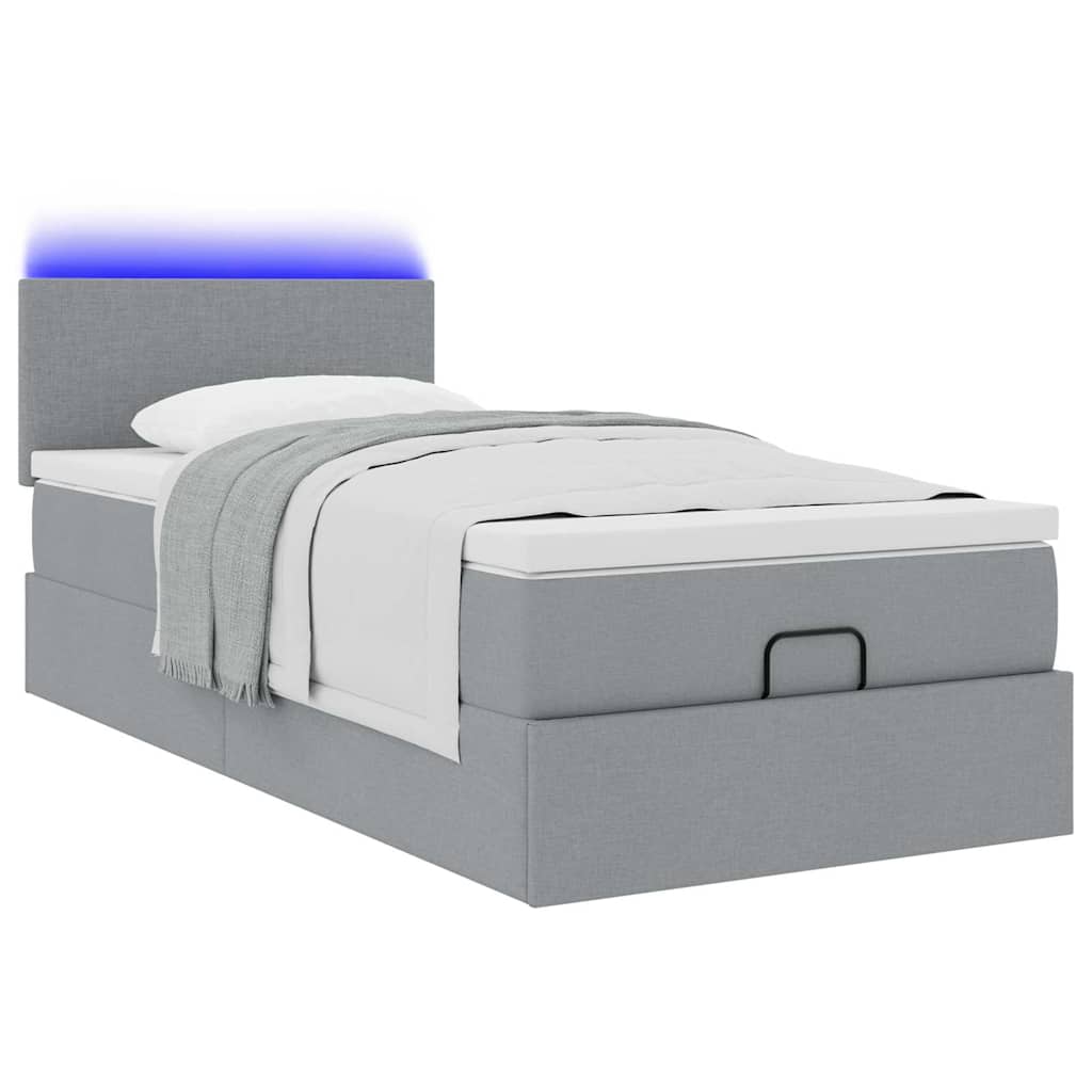 Ottoman-Bett mit Matratze & LEDs Hellgrau 90x190 cm Stoff