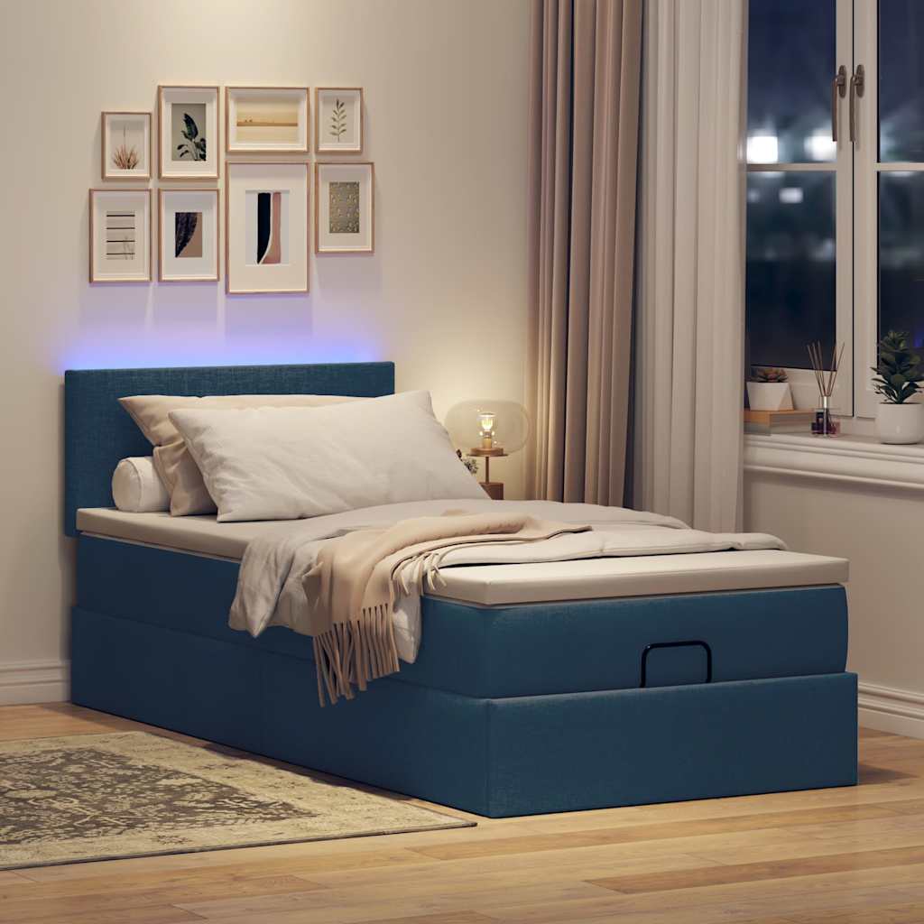 Ottoman-Bett mit Matratze & LEDs Blau 90x190 cm Stoff