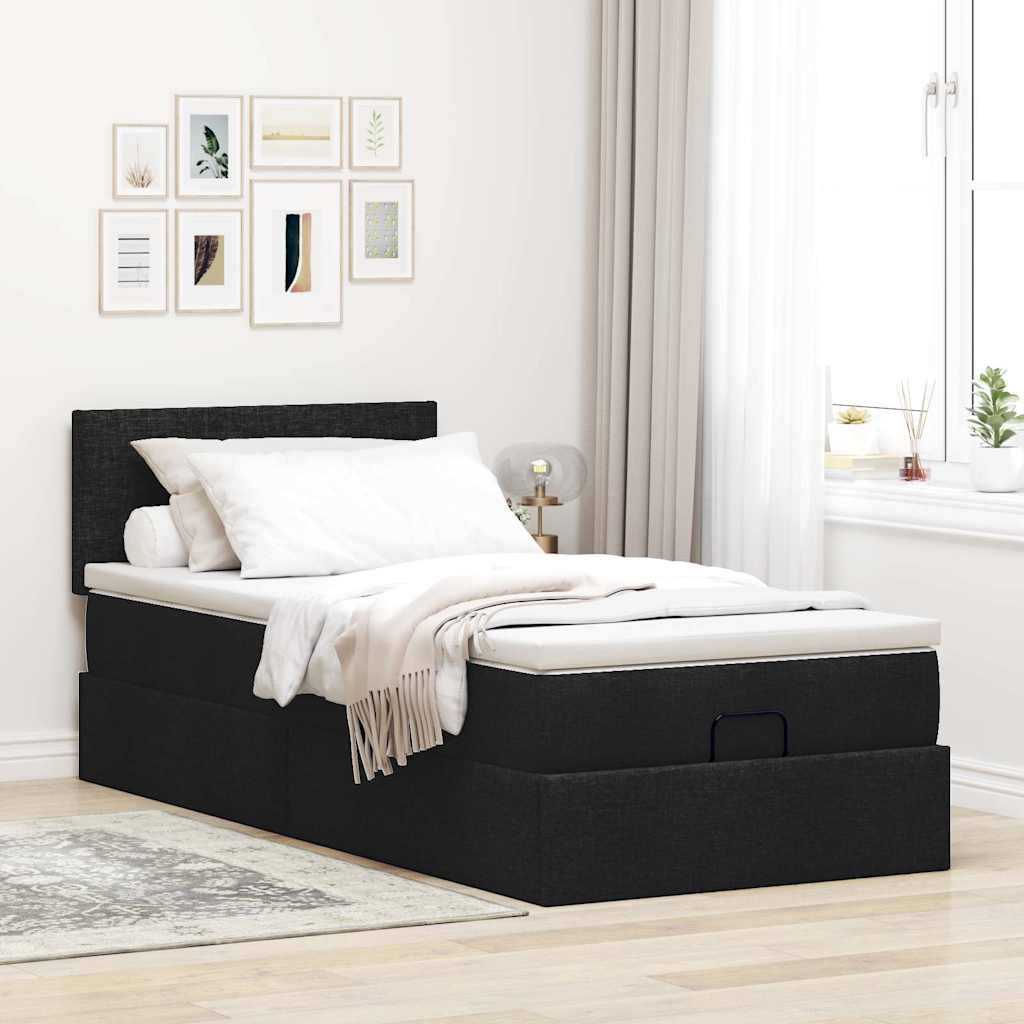 Ottoman-Bett mit Matratze & LEDs Schwarz 90x200 cm Stoff