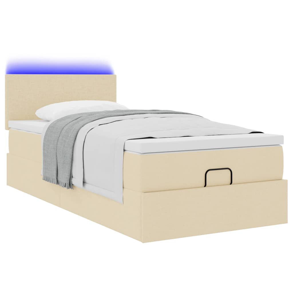 Ottomane Bett mit Matratze & LEDs Creme 90x200 cm Stoff