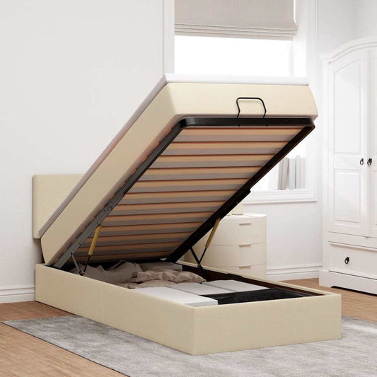 Ottomane Bett mit Matratze & LEDs Creme 90x200 cm Stoff