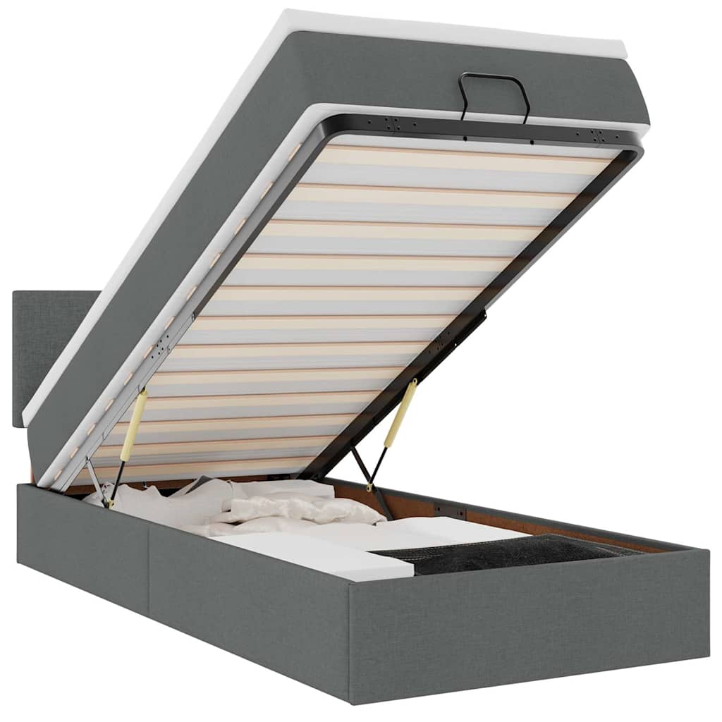 Lit ottoman avec matelas et LED tissu gris foncé 100x200 cm