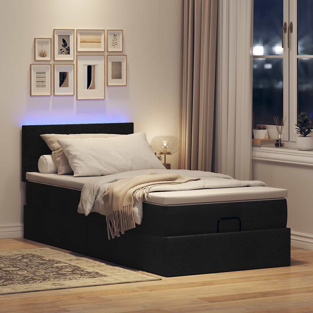 Ottoman-Bett mit Matratze & LEDs Schwarz 100x200 cm Stoff