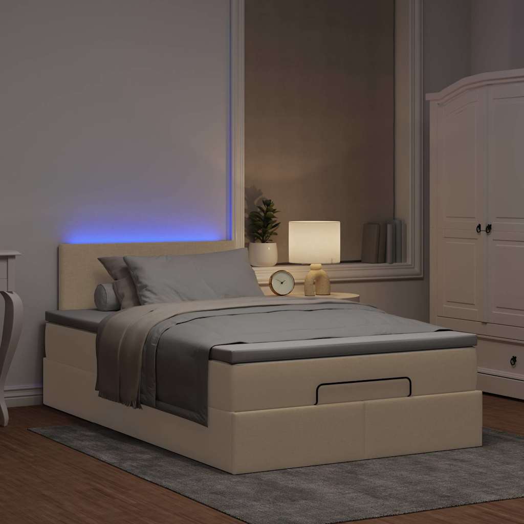 Ottomane Bett mit Matratze & LEDs Creme 120x190 cm Stoff
