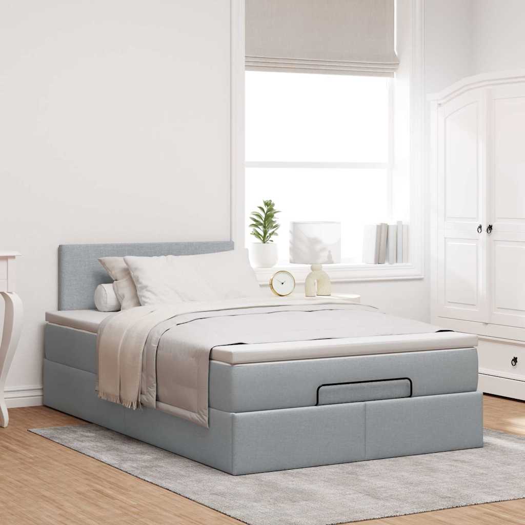 Lit ottoman avec matelas et LED tissu gris clair 120x200 cm