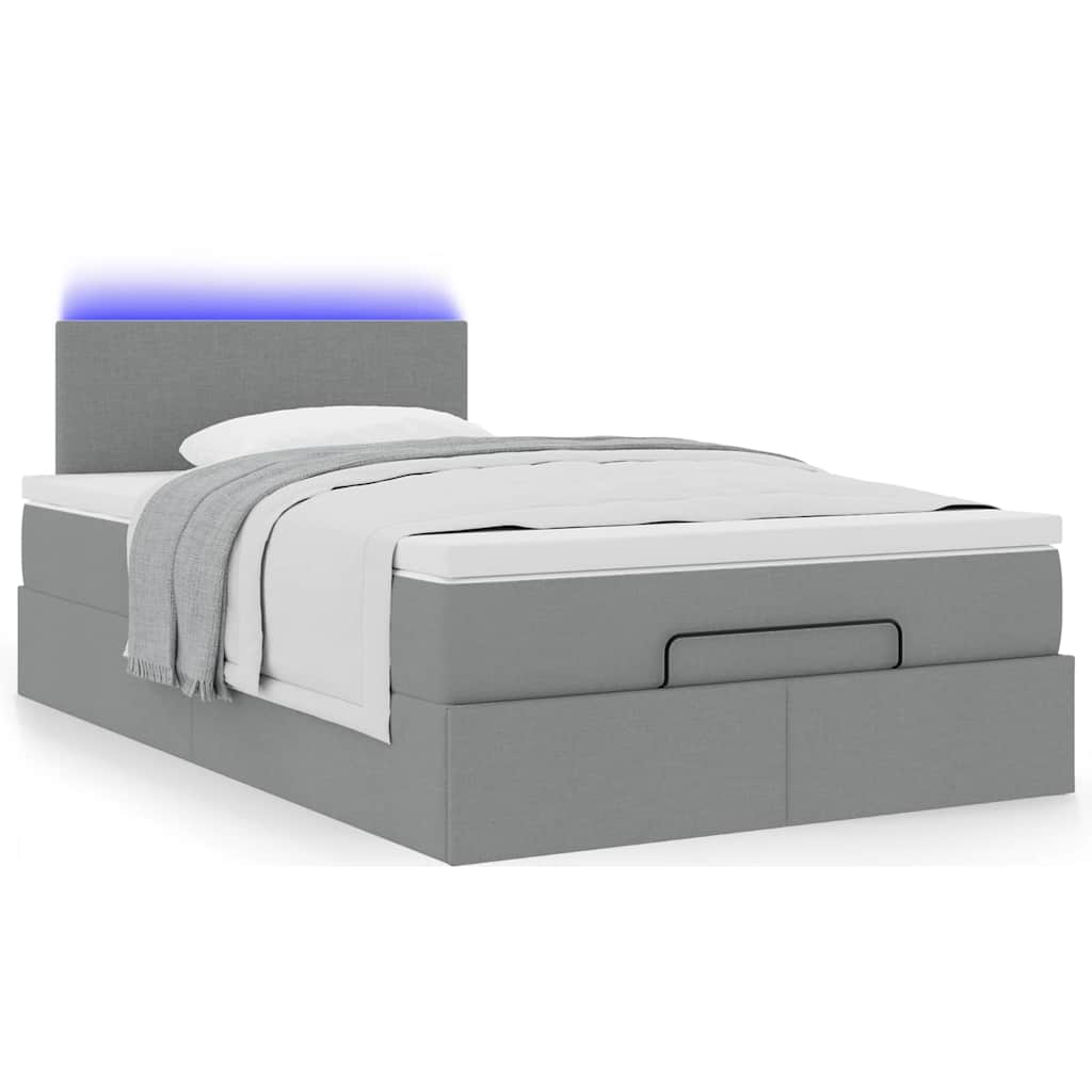 Lit ottoman avec matelas et LED tissu gris clair 120x200 cm