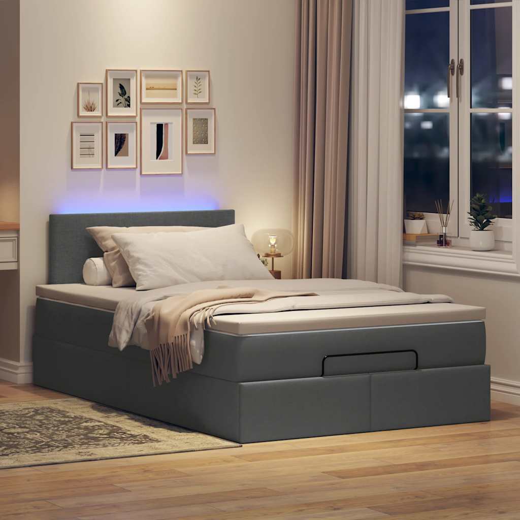 Lit ottoman avec matelas et LED tissu gris foncé 120x200 cm
