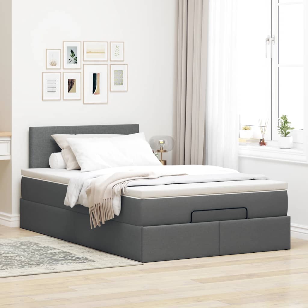Lit ottoman avec matelas et LED tissu gris foncé 120x200 cm