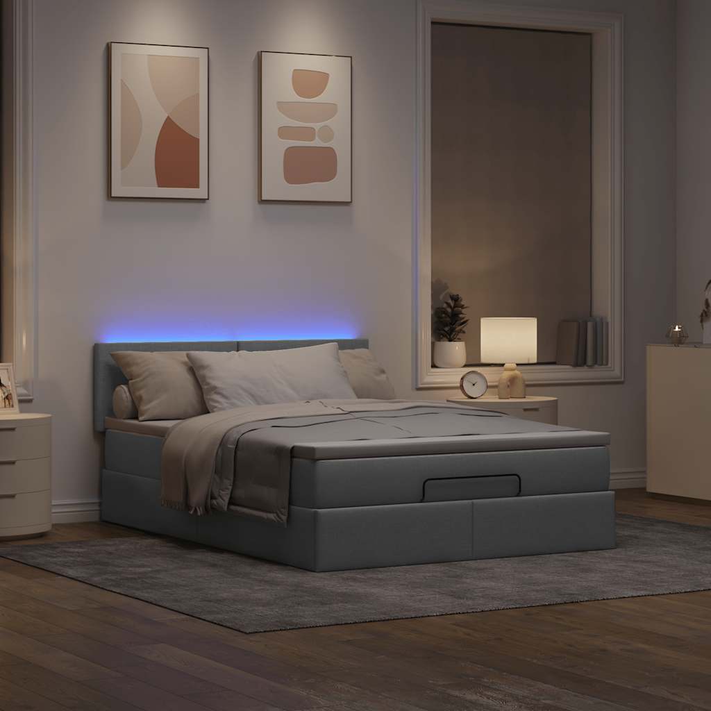 Ottomane Bett mit Matratze & LEDs Hellgrau 140x190 cm Stoff